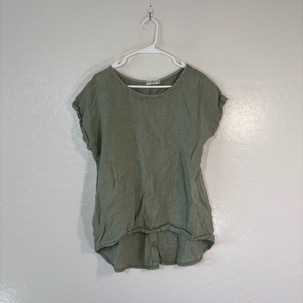 Terzo Millennio Italy Linen High Low Top Short Sleeve Button Back Sage Small